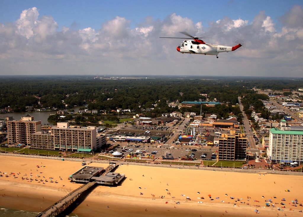 virginia beach, town, nature, city, buildings, architecture, helicopter, aerial view, sky, clouds, sea, ocean, water, beach, summer, spring